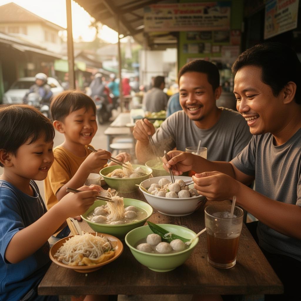 Keluarga menikmati pentol bakso bersama
